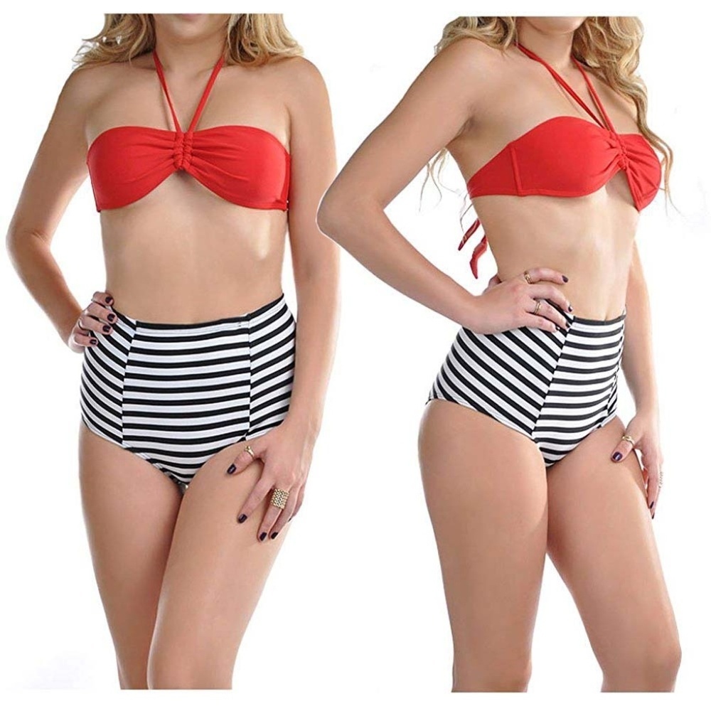 NEW Red Striped High Waisted Halter Bandeau Two Piece Swimwear Swimsuit SM Beach